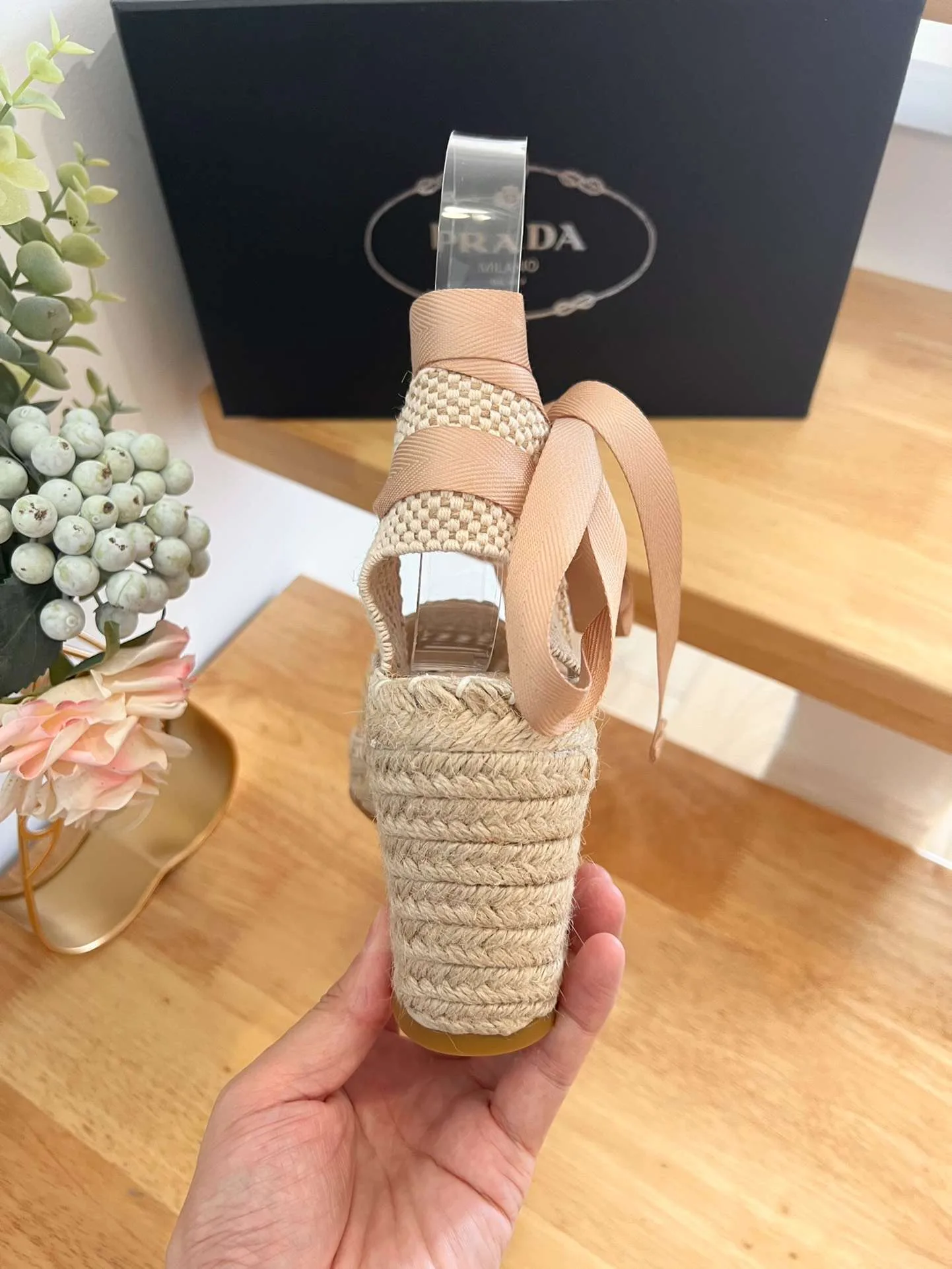 Linen Espadrille Wedge Sandals Beige - Image 3