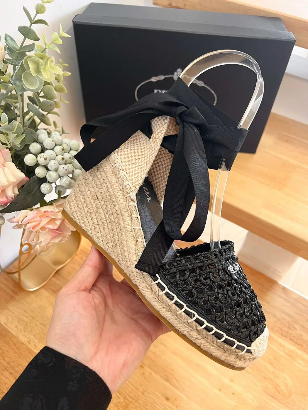 Linen Espadrille Wedge Sandals Black - Image 3