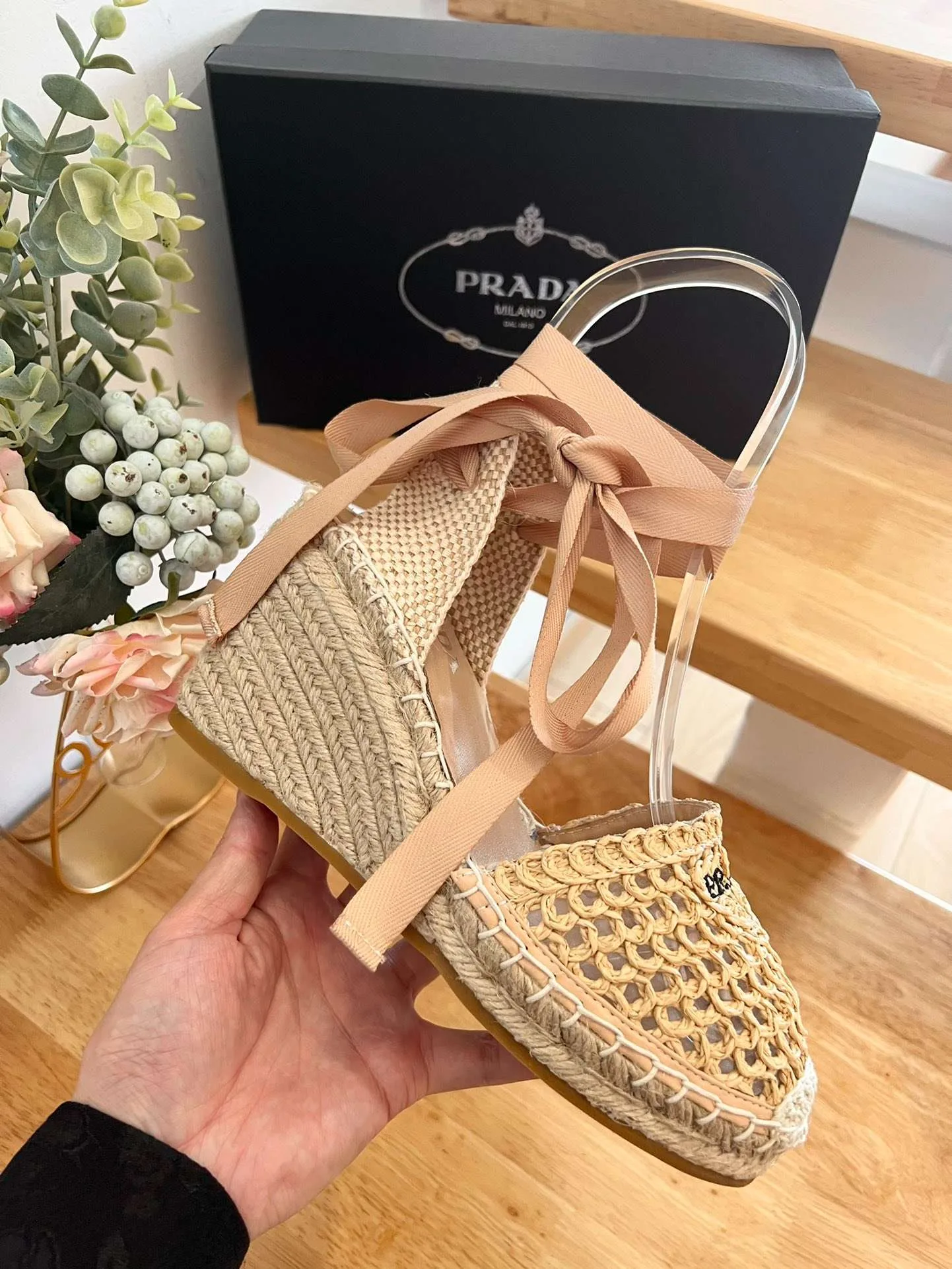 Linen Espadrille Wedge Sandals Beige - Image 6