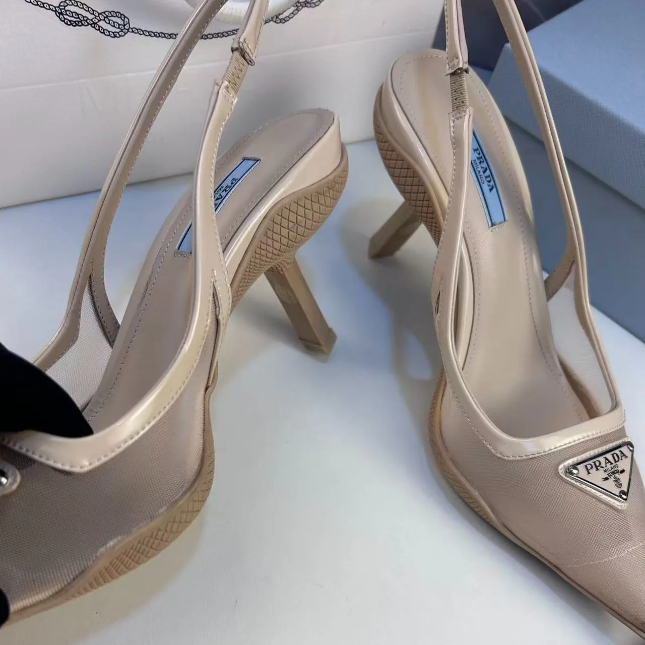 Prada Mesh Fabric Slingback Pumps Beige - Image 2