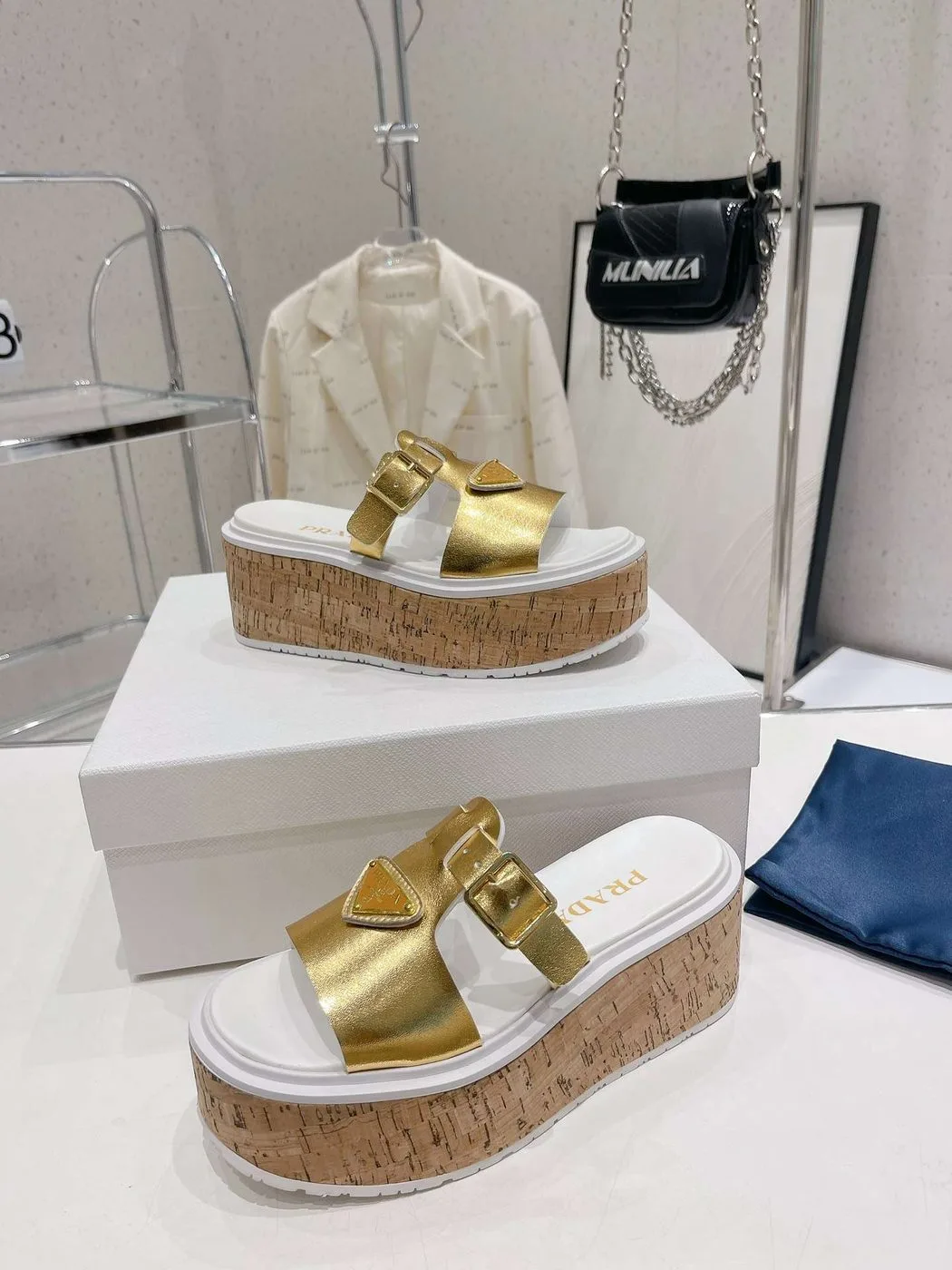 Prada Rubber Wedge Platform Slippers Gold - Image 4