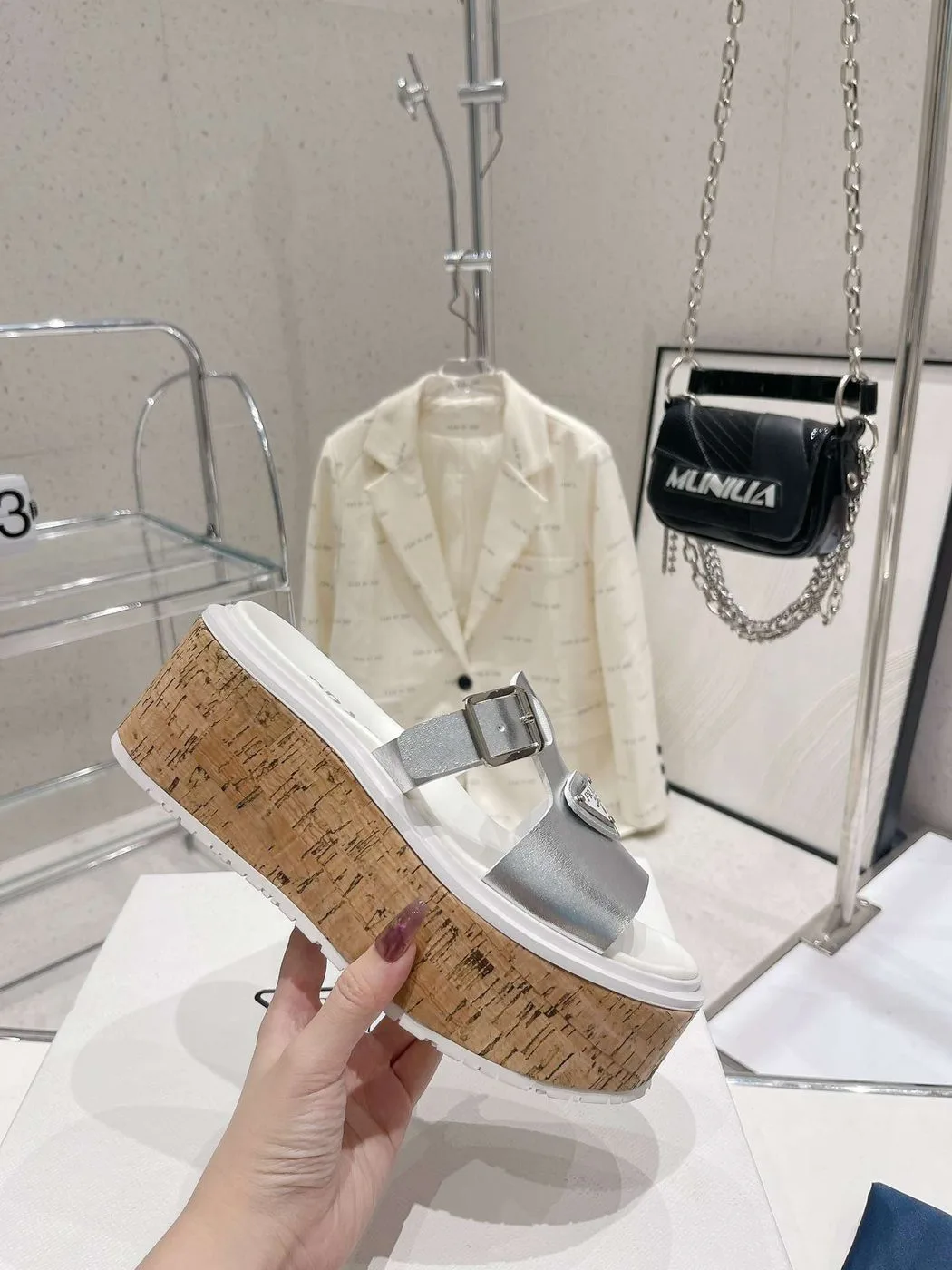 Prada Rubber Wedge Platform Slippers Silver - Image 4