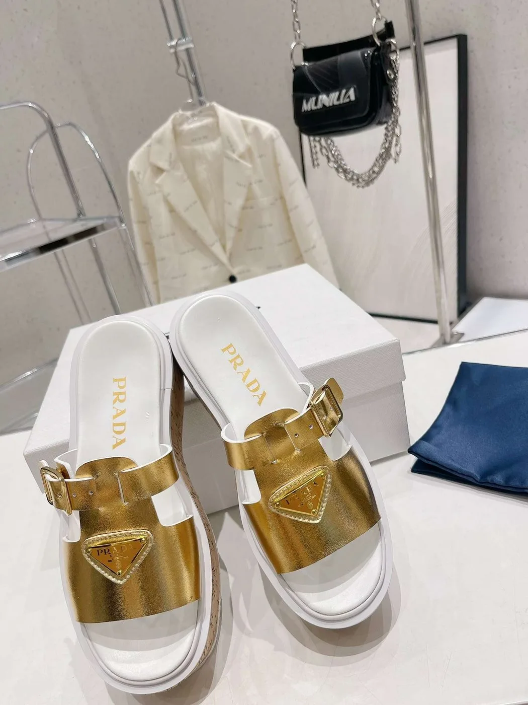 Alternative view of Prada Rubber Wedge Platform Slippers Gold