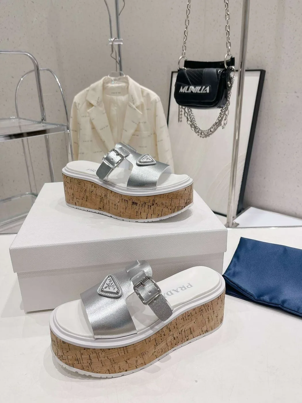 Prada Rubber Wedge Platform Slippers Silver - Image 3