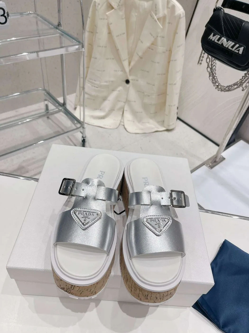 Alternative view of Prada Rubber Wedge Platform Slippers Silver