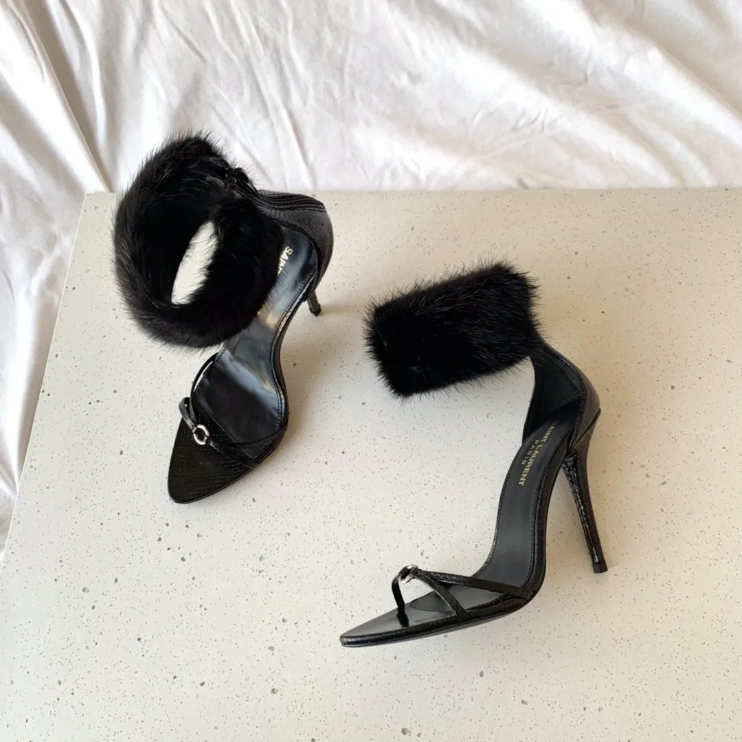 Saint Laurent Faux Fur Ankle-Cuff Sandals Black - Image 4