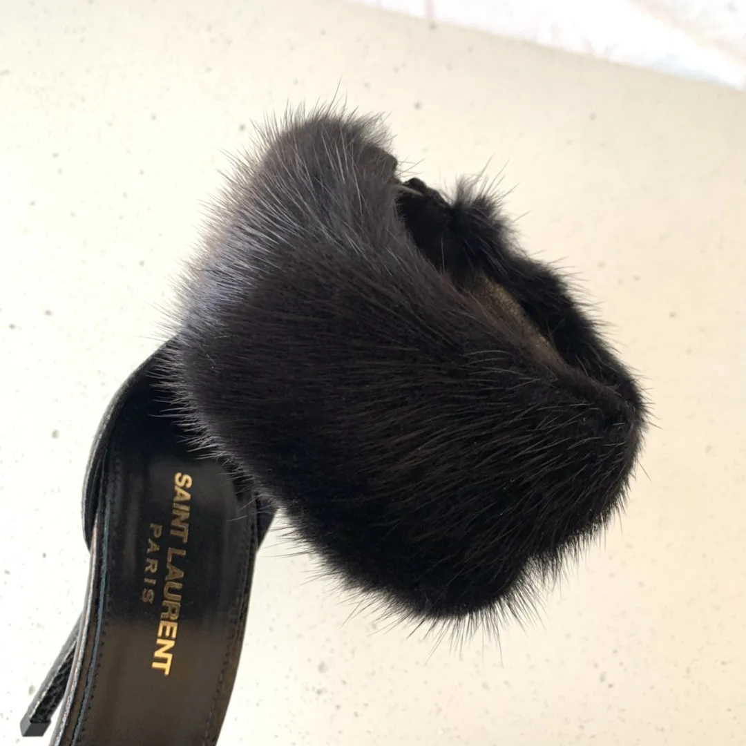 Saint Laurent Faux Fur Ankle-Cuff Sandals Black - Image 3