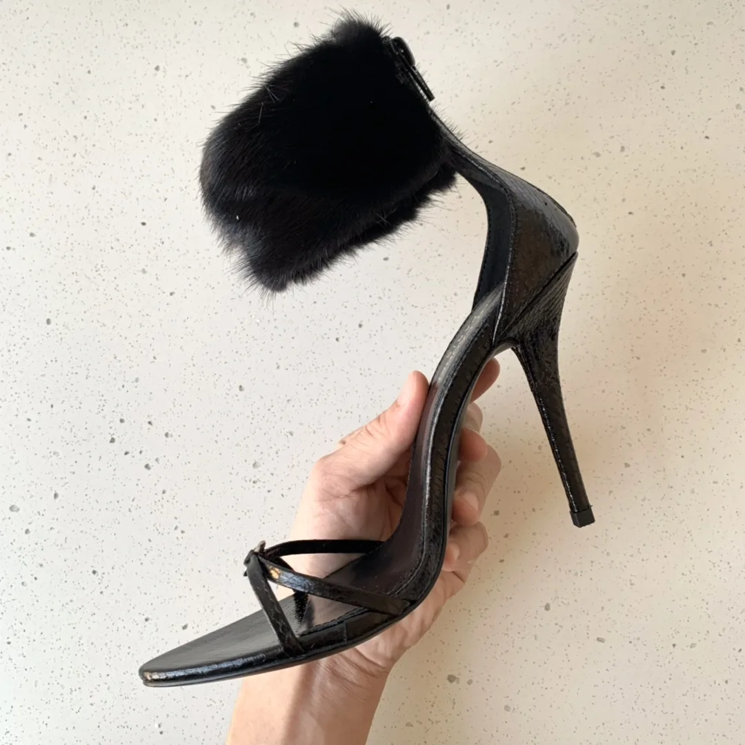 Saint Laurent Faux Fur Ankle-Cuff Sandals Black - Image 2