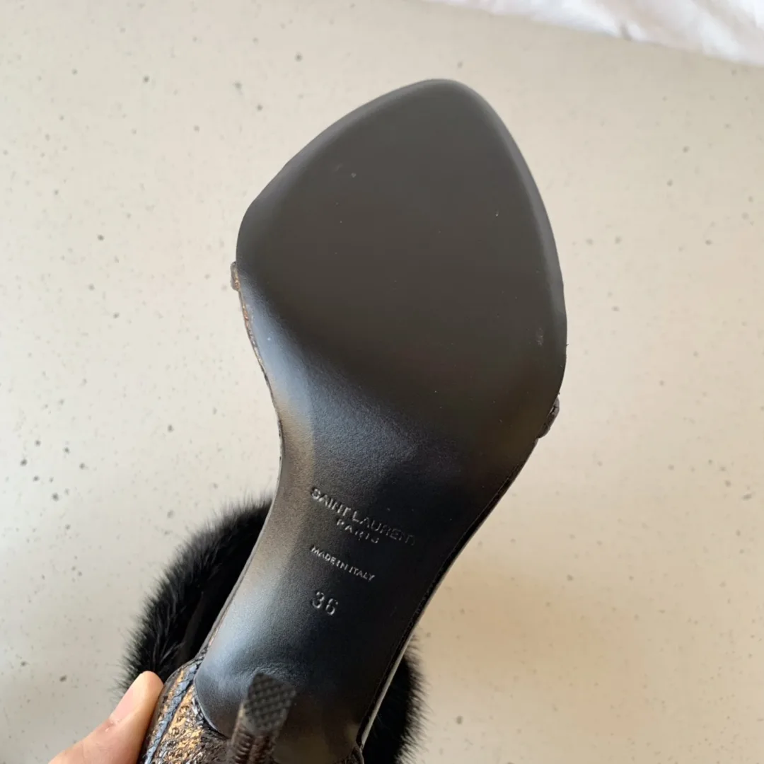 Saint Laurent Faux Fur Ankle-Cuff Sandals Black - Image 5
