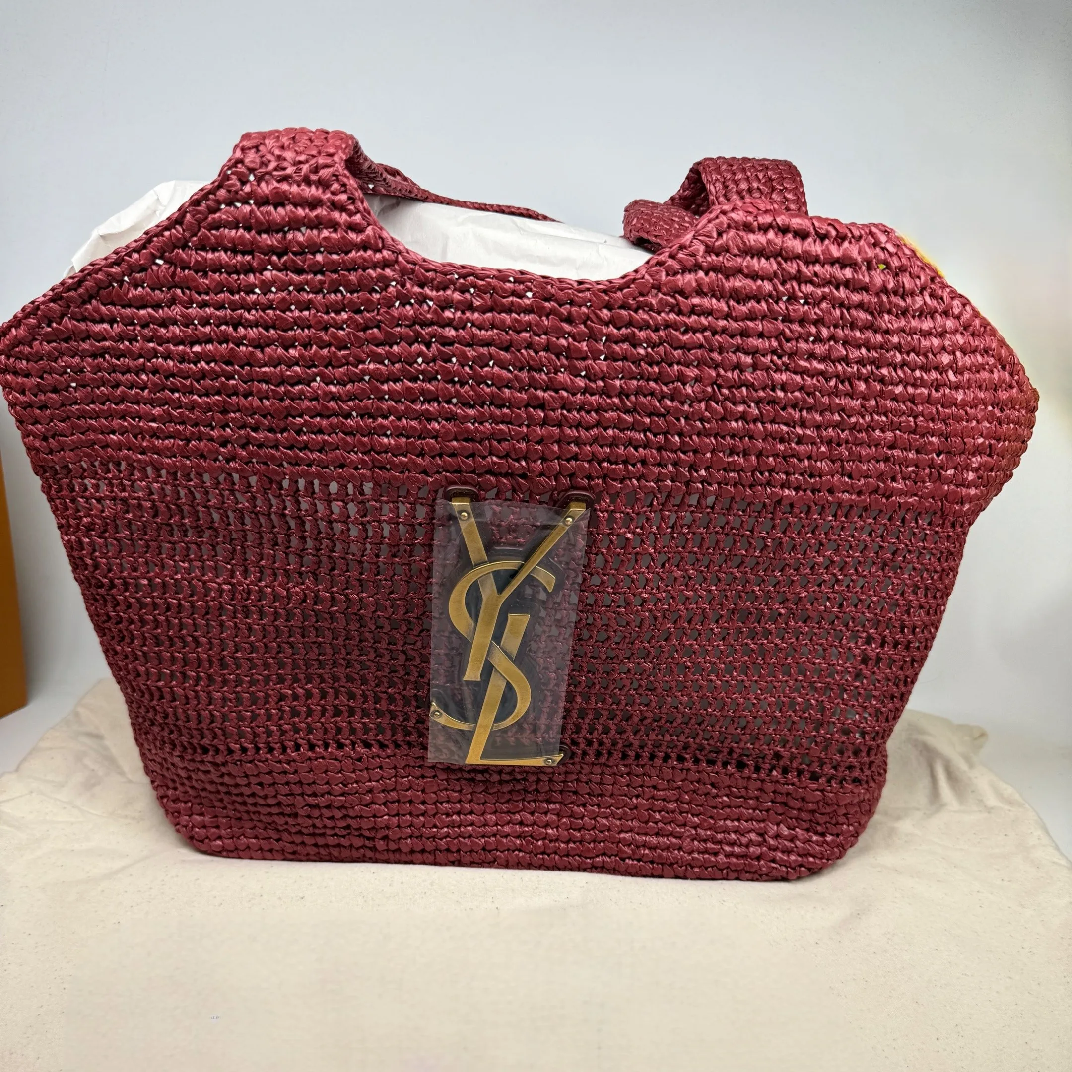 Saint Laurent Icare Medium Tote Bag / Rouge Cabernet Raffia Bronze Hardware - Image 3