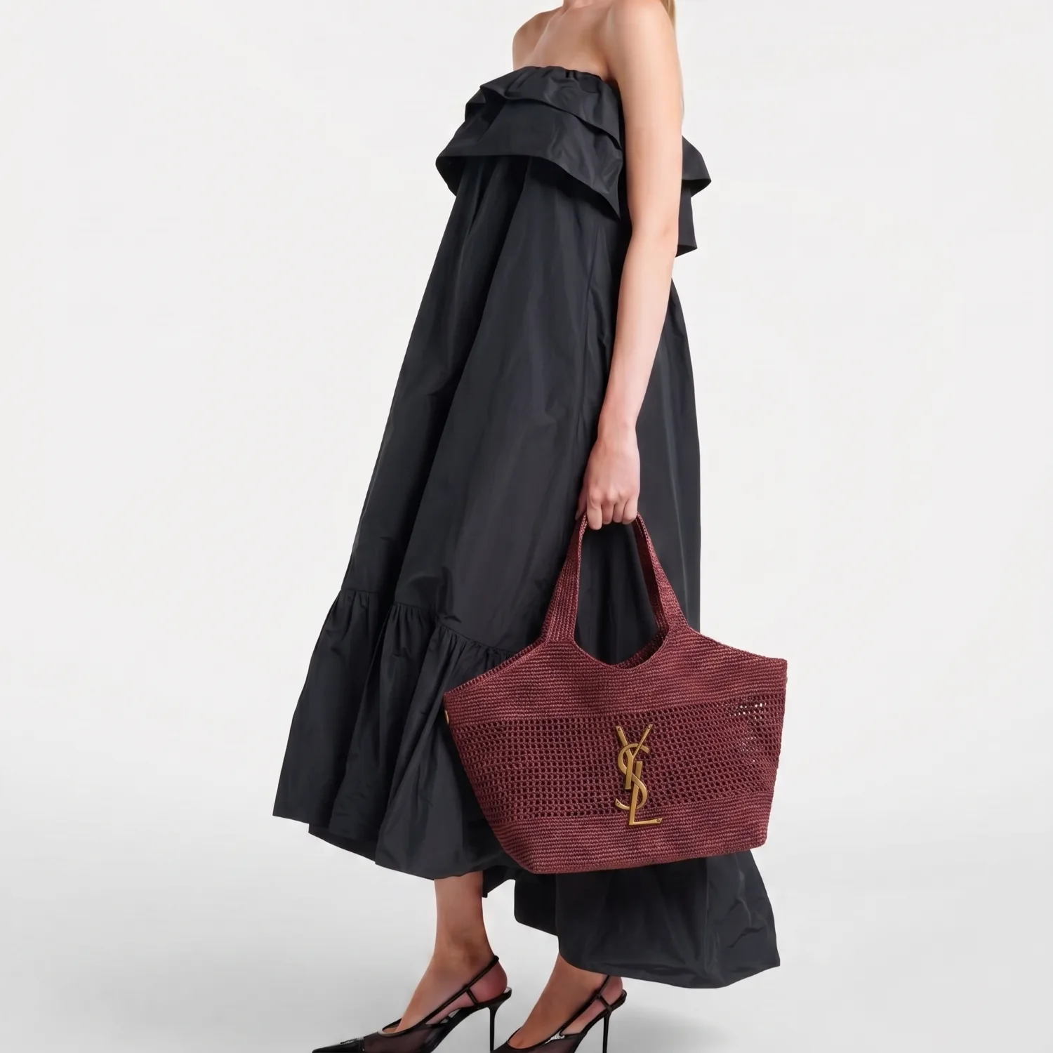 Alternative view of Saint Laurent Icare Medium Tote Bag / Rouge Cabernet Raffia Bronze Hardware