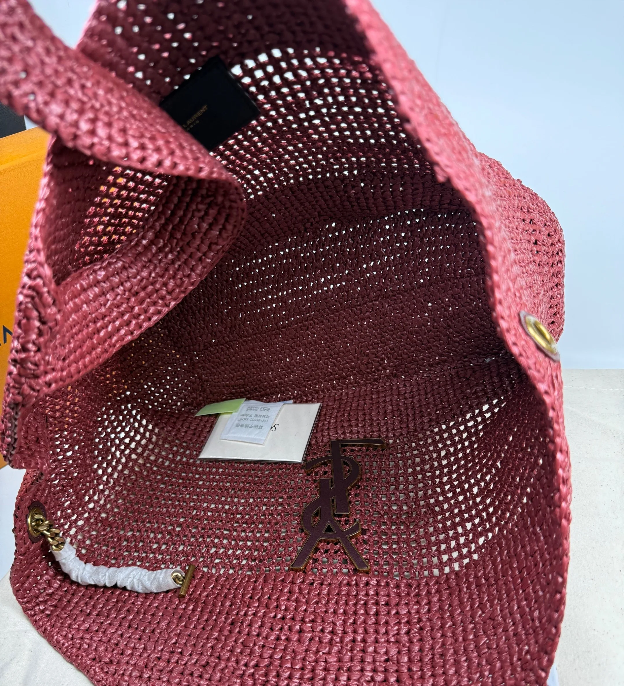 Saint Laurent Icare Medium Tote Bag / Rouge Cabernet Raffia Bronze Hardware - Image 8