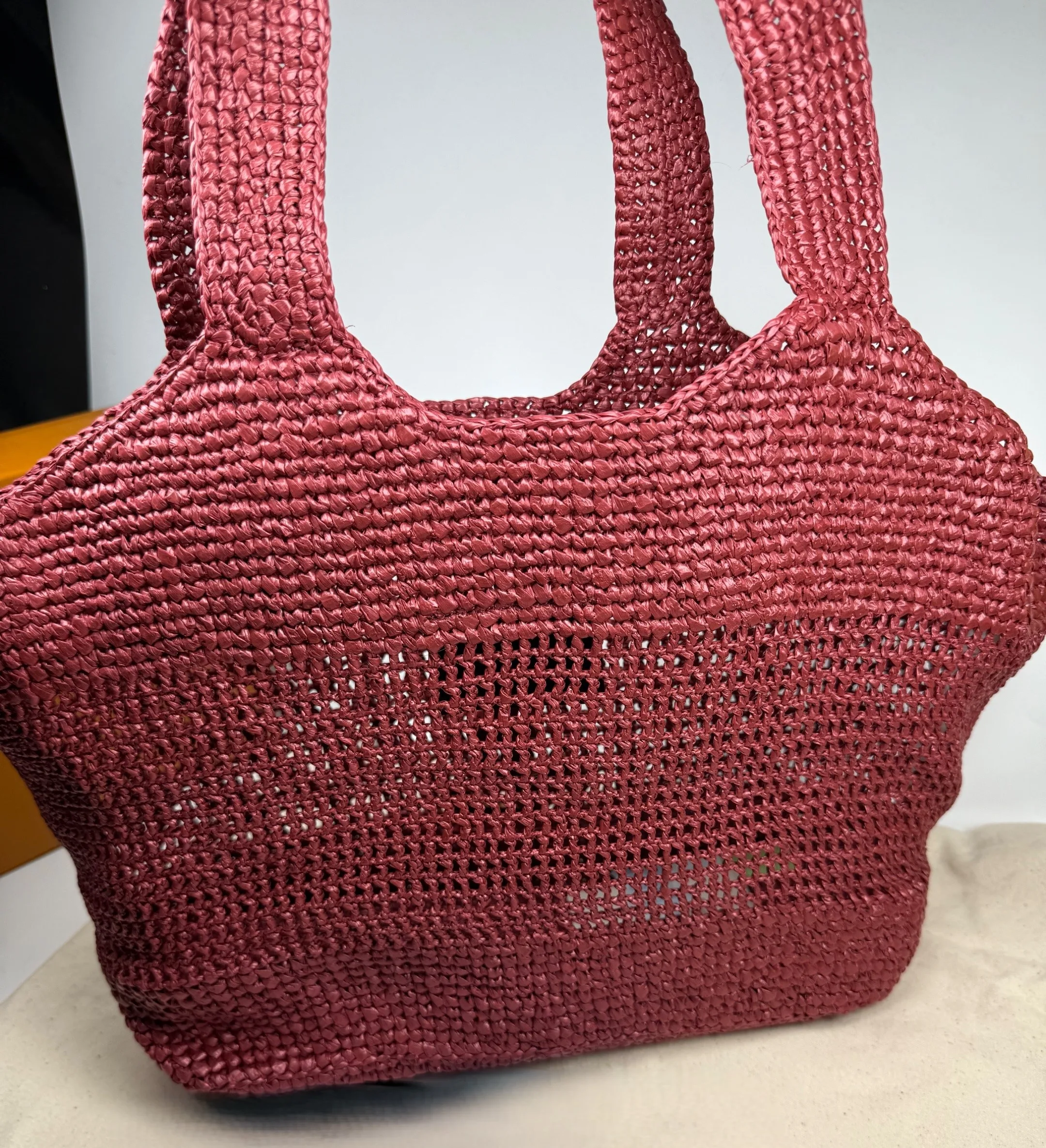 Saint Laurent Icare Medium Tote Bag / Rouge Cabernet Raffia Bronze Hardware - Image 7