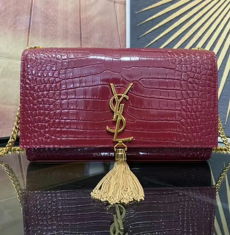 Alternative view of Saint Laurent Kate Small Chain Bag With Tassel In Embossed Burgundy / YSL