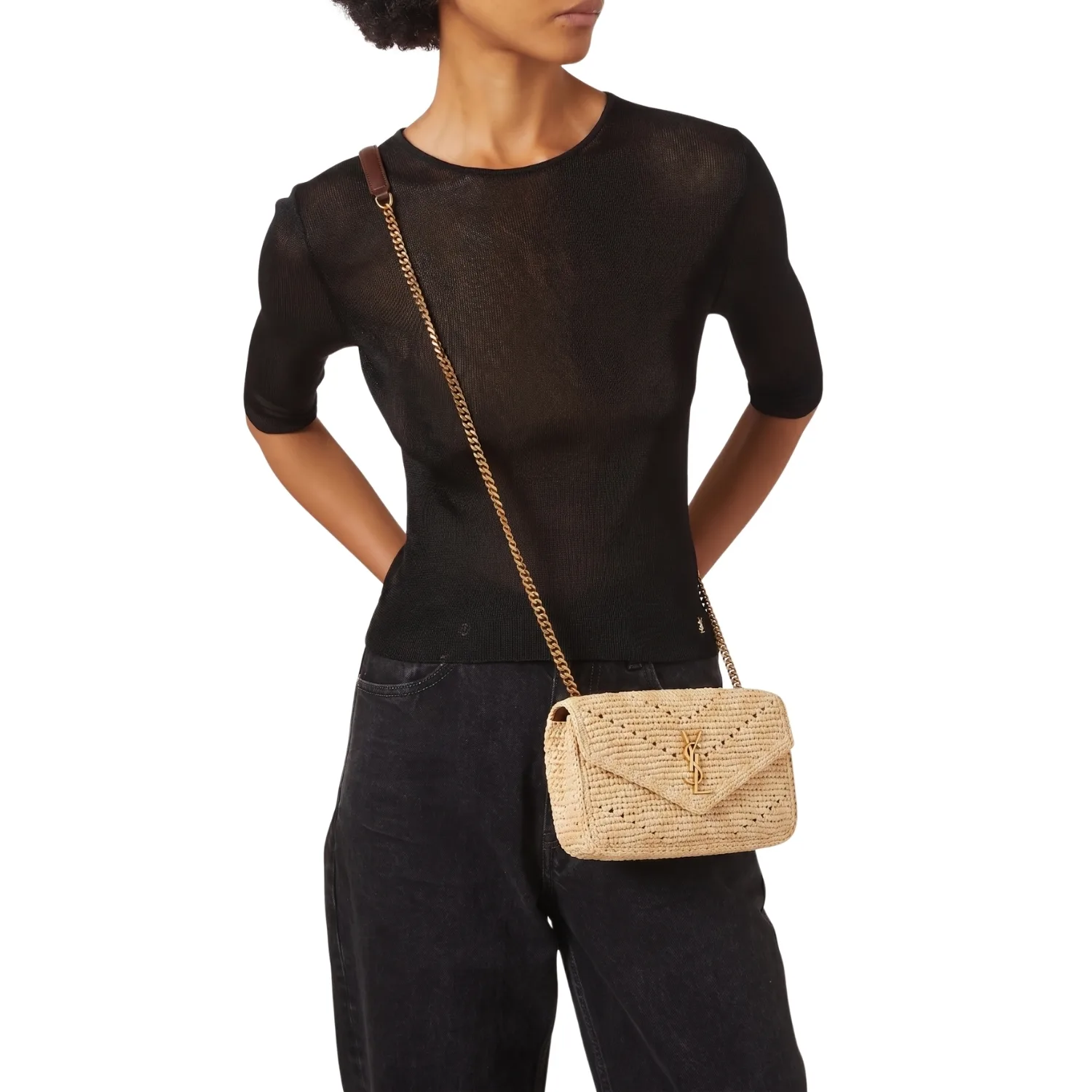 Alternative view of Saint Laurent Loulou Mini Shoulder Bag / Beige Raffia Gold Hardware