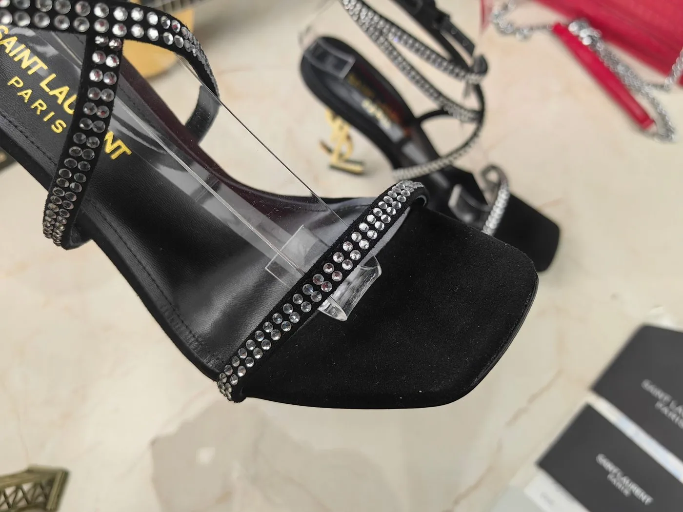 Saint Laurent Opyum Sandals In Crepe Satin And Rhinestones Black - Image 4