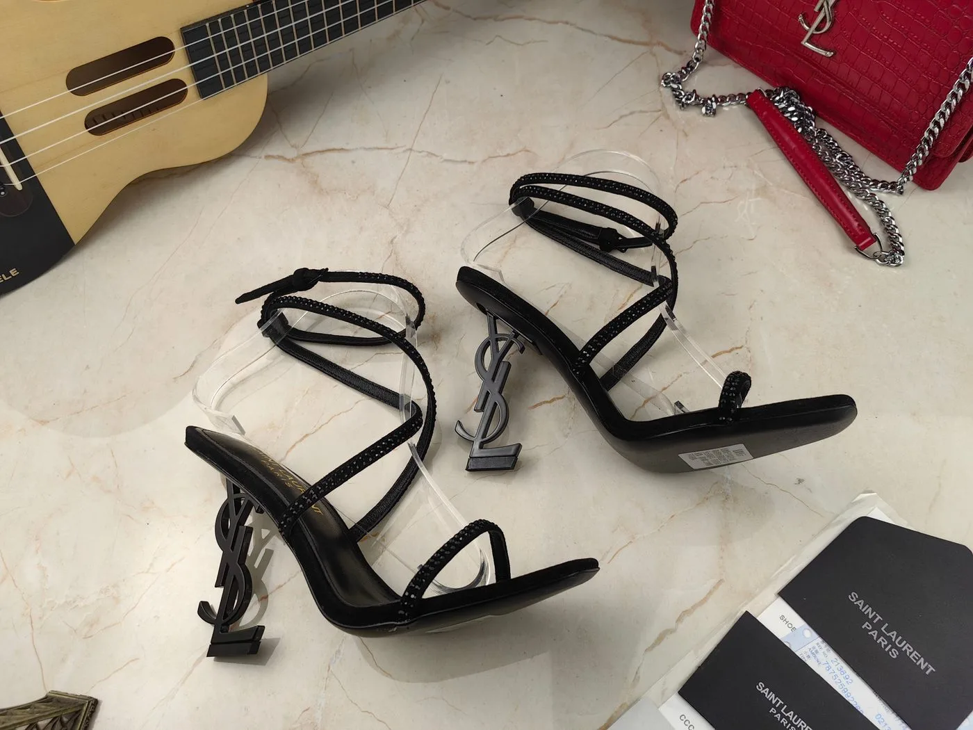 Saint Laurent Opyum Sandals In Crepe Satin And Rhinestones Black - Image 4