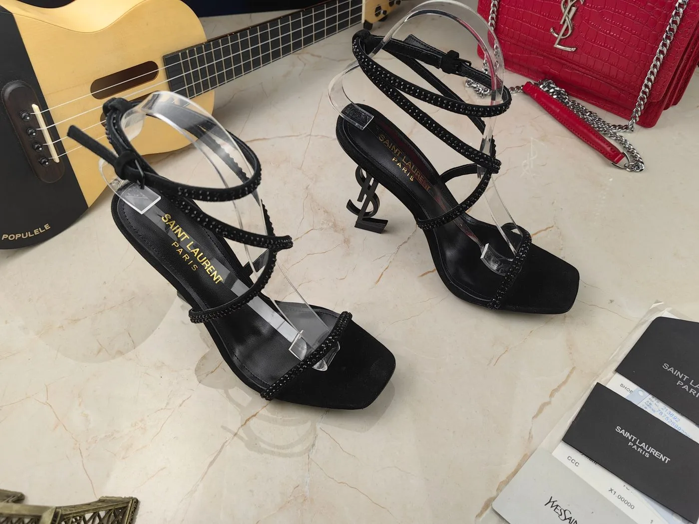 Saint Laurent Opyum Sandals In Crepe Satin And Rhinestones Black - Image 3