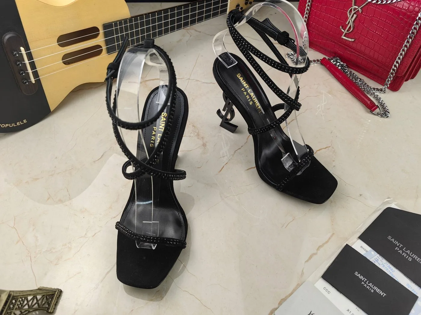 Alternative view of Saint Laurent Opyum Sandals In Crepe Satin And Rhinestones Black