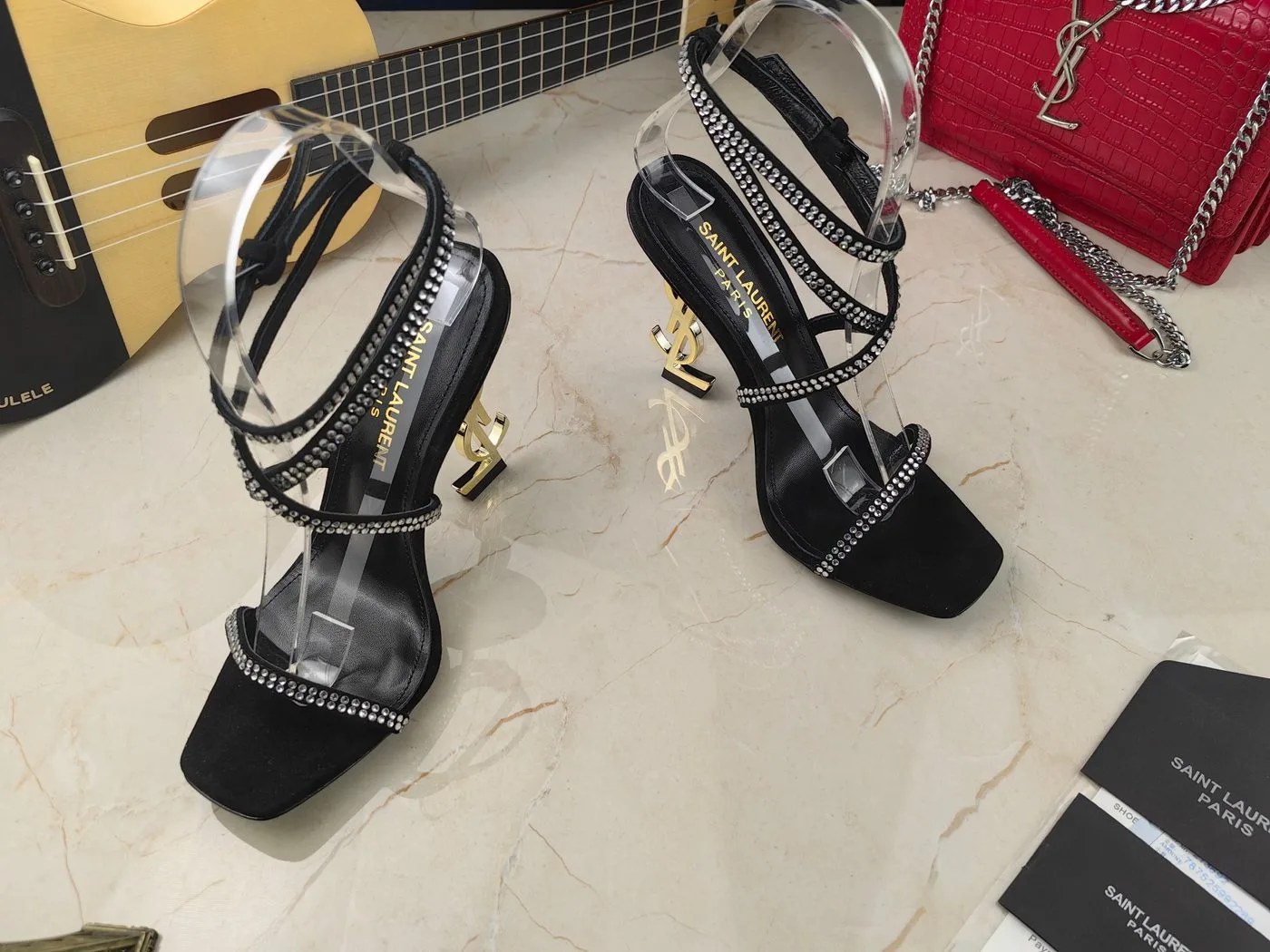 Alternative view of Saint Laurent Opyum Sandals In Crepe Satin And Rhinestones Black