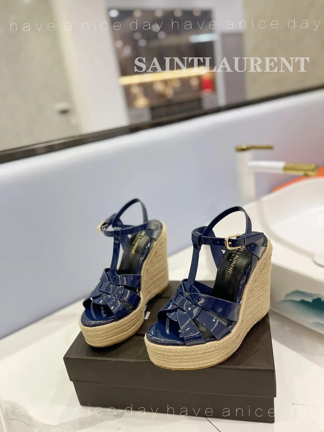 Saint Laurent Tribute Espadrilles In Patent Navy Blue - Image 4