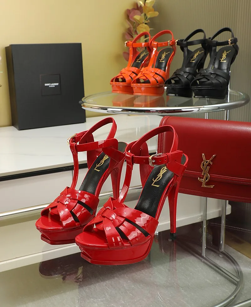 Saint Laurent Tribute Platform Sandals In Patent Brown - Image 6