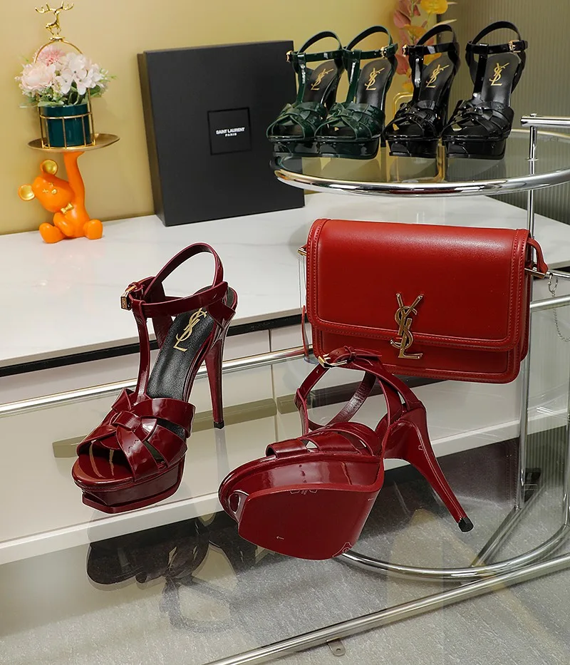 Saint Laurent Tribute Platform Sandals In Smooth Burgundy - Image 7