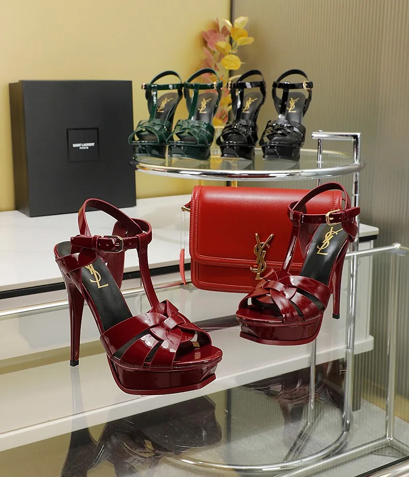 Saint Laurent Tribute Platform Sandals In Smooth Burgundy - Image 5