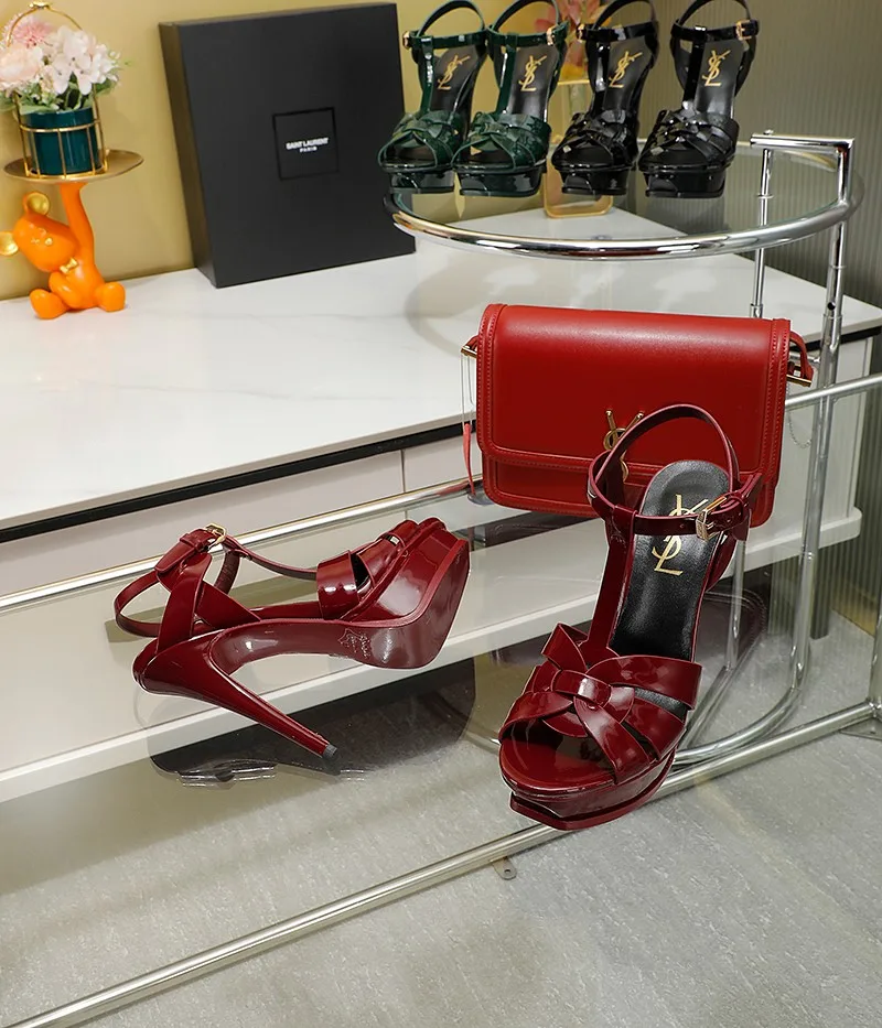 Saint Laurent Tribute Platform Sandals In Smooth Burgundy - Image 4