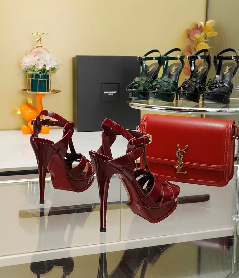 Saint Laurent Tribute Platform Sandals In Smooth Burgundy - Image 3