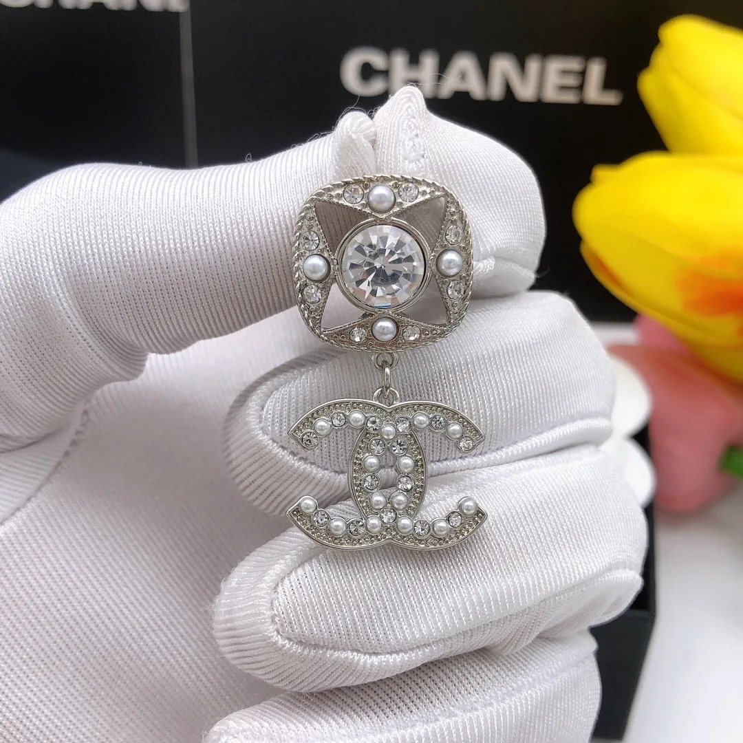 Chanel Square Double C Stud Earrings White - Image 4