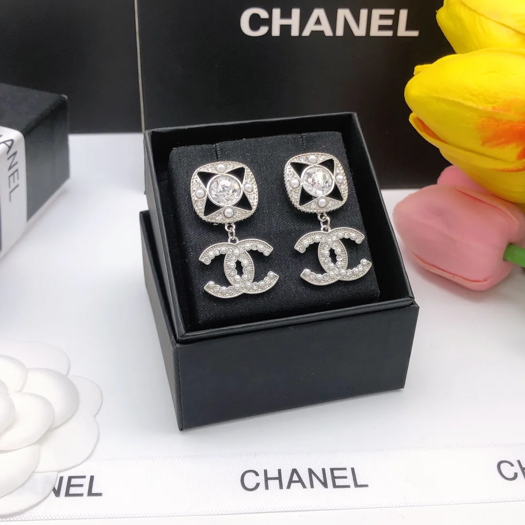 Chanel Square Double C Stud Earrings White - Image 6