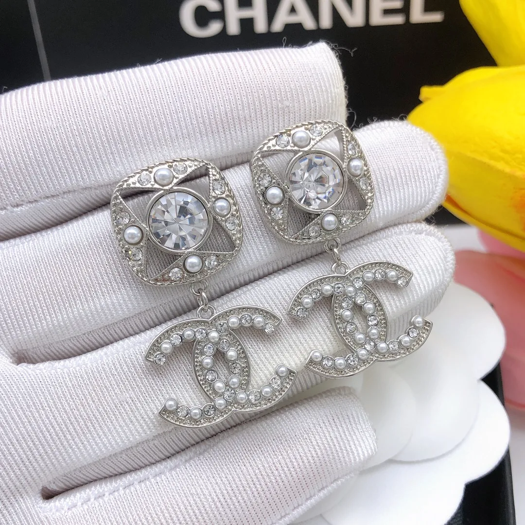 Chanel Square Double C Stud Earrings White - Image 7