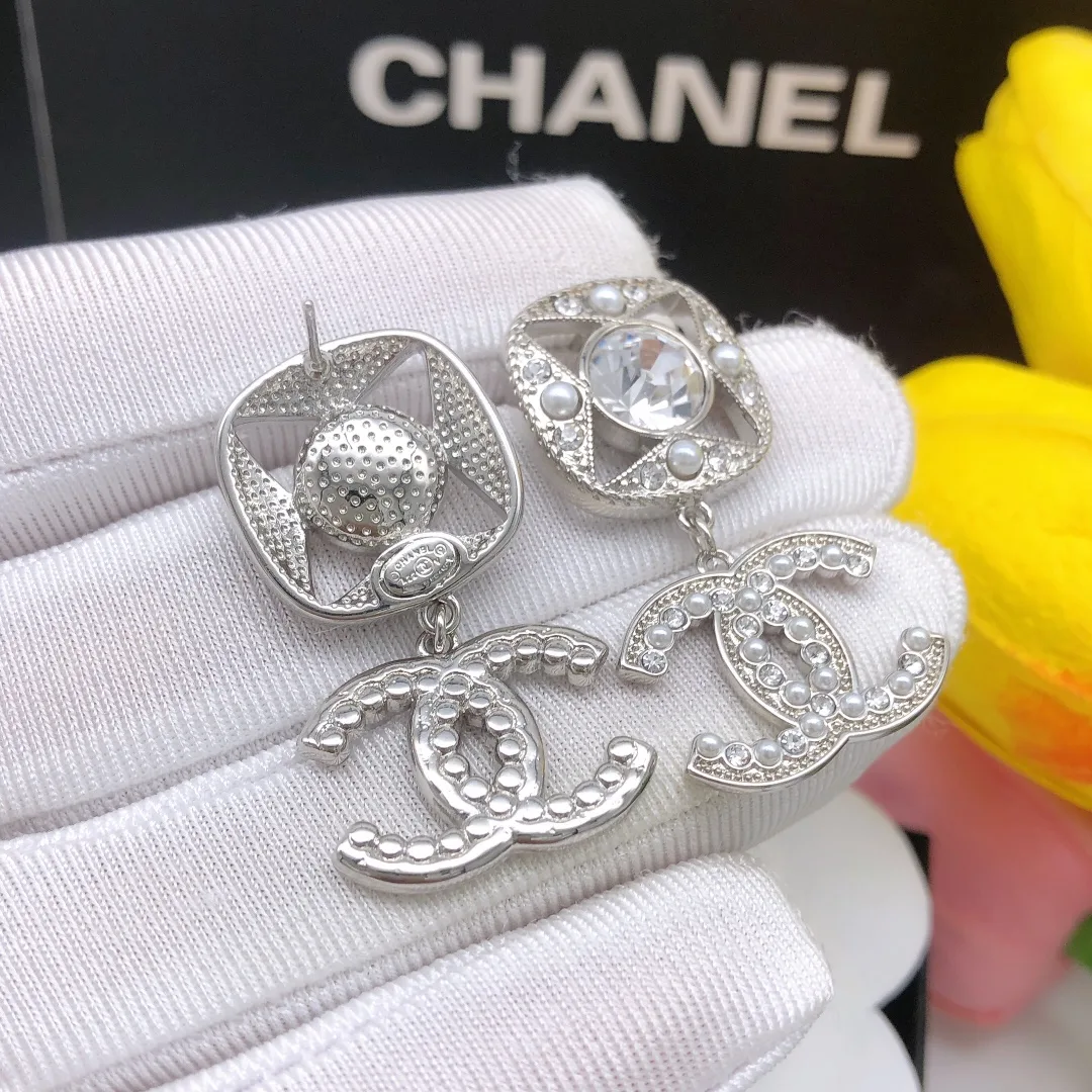 Chanel Square Double C Stud Earrings White - Image 8