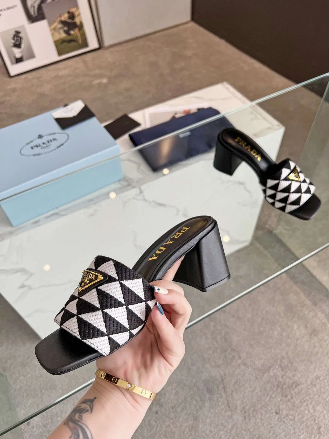 Prada Triangle Slip-On Sandals Black - Image 5