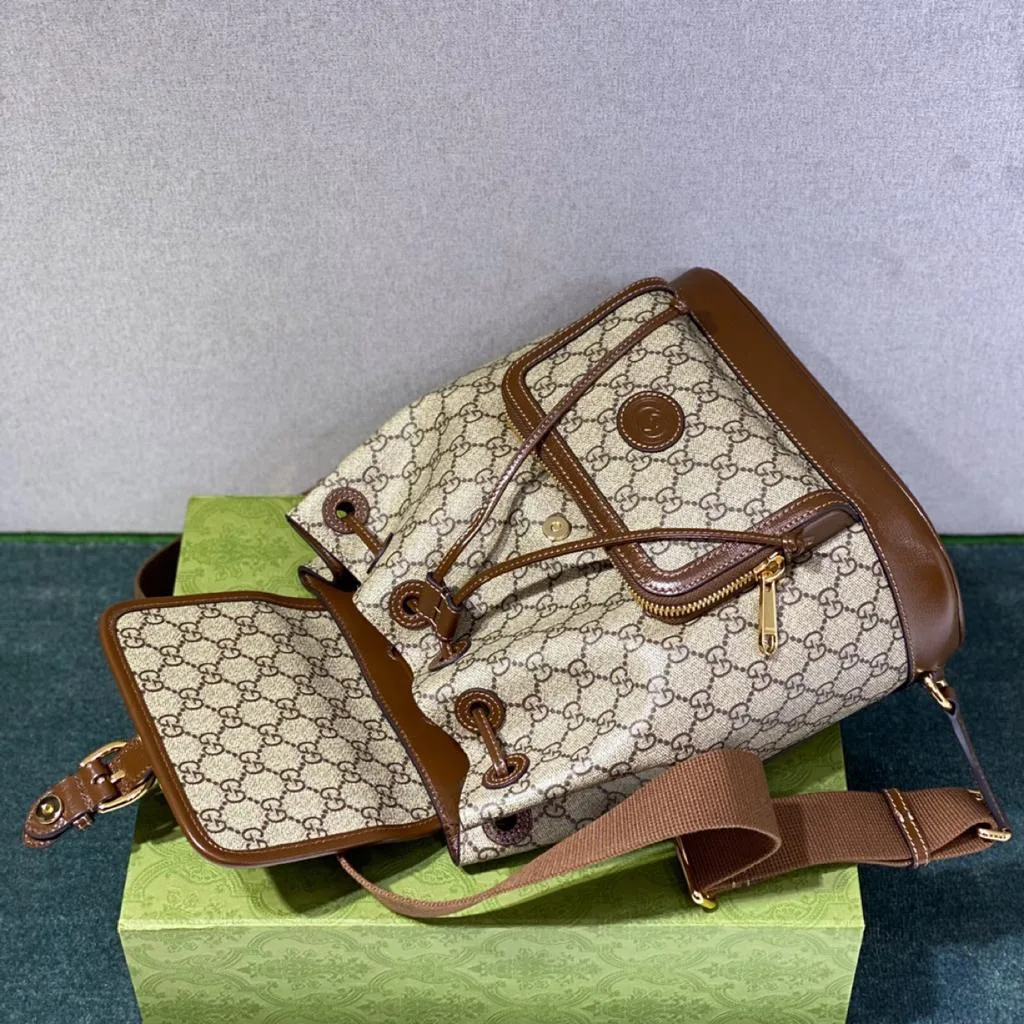 Gucci Backpack With Interlocking G Beige And Ebony GG Supreme Canvas Brown / - Image 7