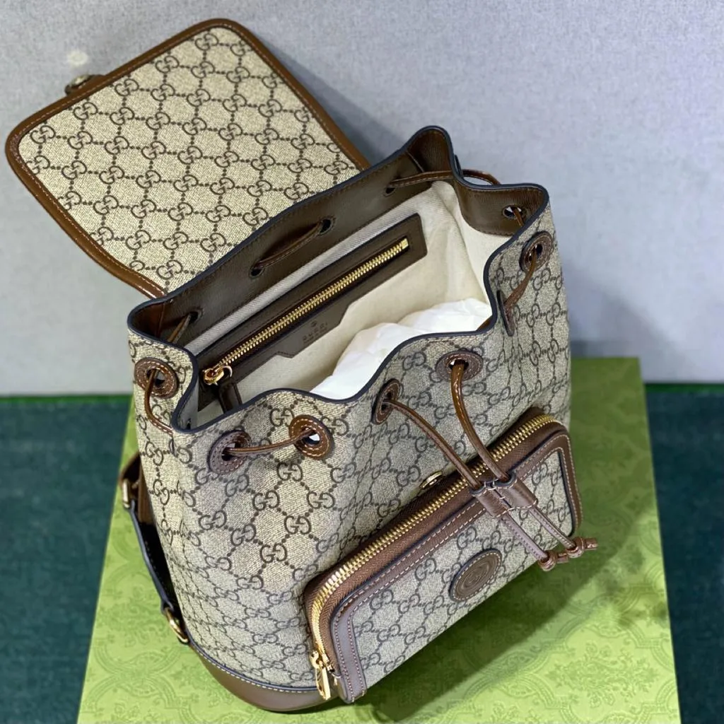 Gucci Backpack With Interlocking G Beige And Ebony GG Supreme Canvas Brown / - Image 6