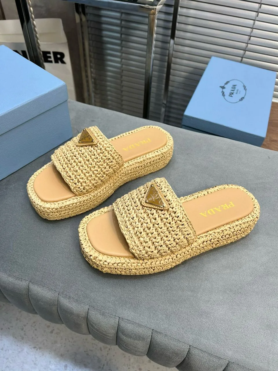 Prada Crochet Flatform Slides Brown - Image 3