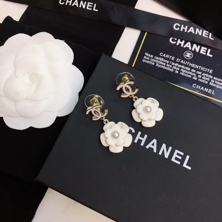 Chanel White Camellia Flower Earrings Gold Tone - Image 5