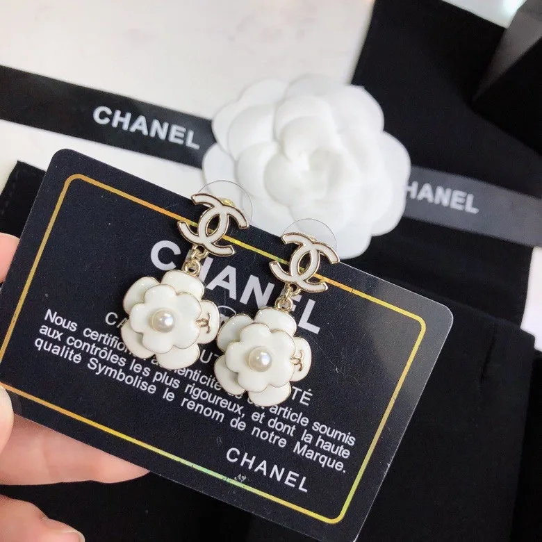 Chanel White Camellia Flower Earrings Gold Tone - Image 3