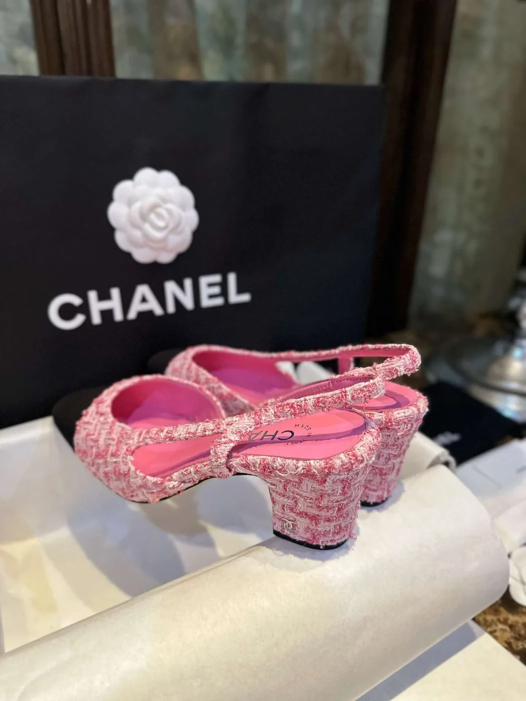 Chanel Woolen High Heel Slingback Sandals Pink - Image 9