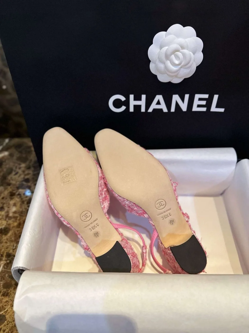 Chanel Woolen High Heel Slingback Sandals Pink - Image 8