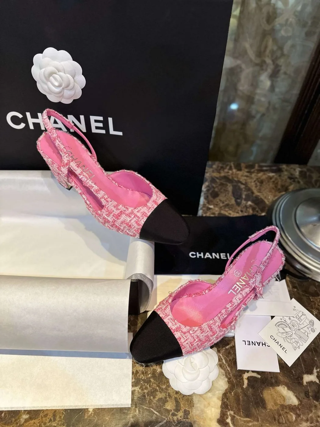 Chanel Woolen High Heel Slingback Sandals Pink - Image 6