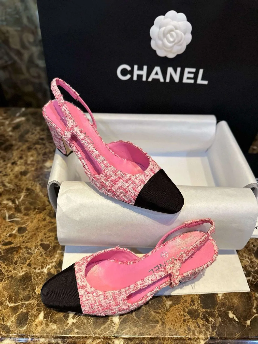 Chanel Woolen High Heel Slingback Sandals Pink - Image 7