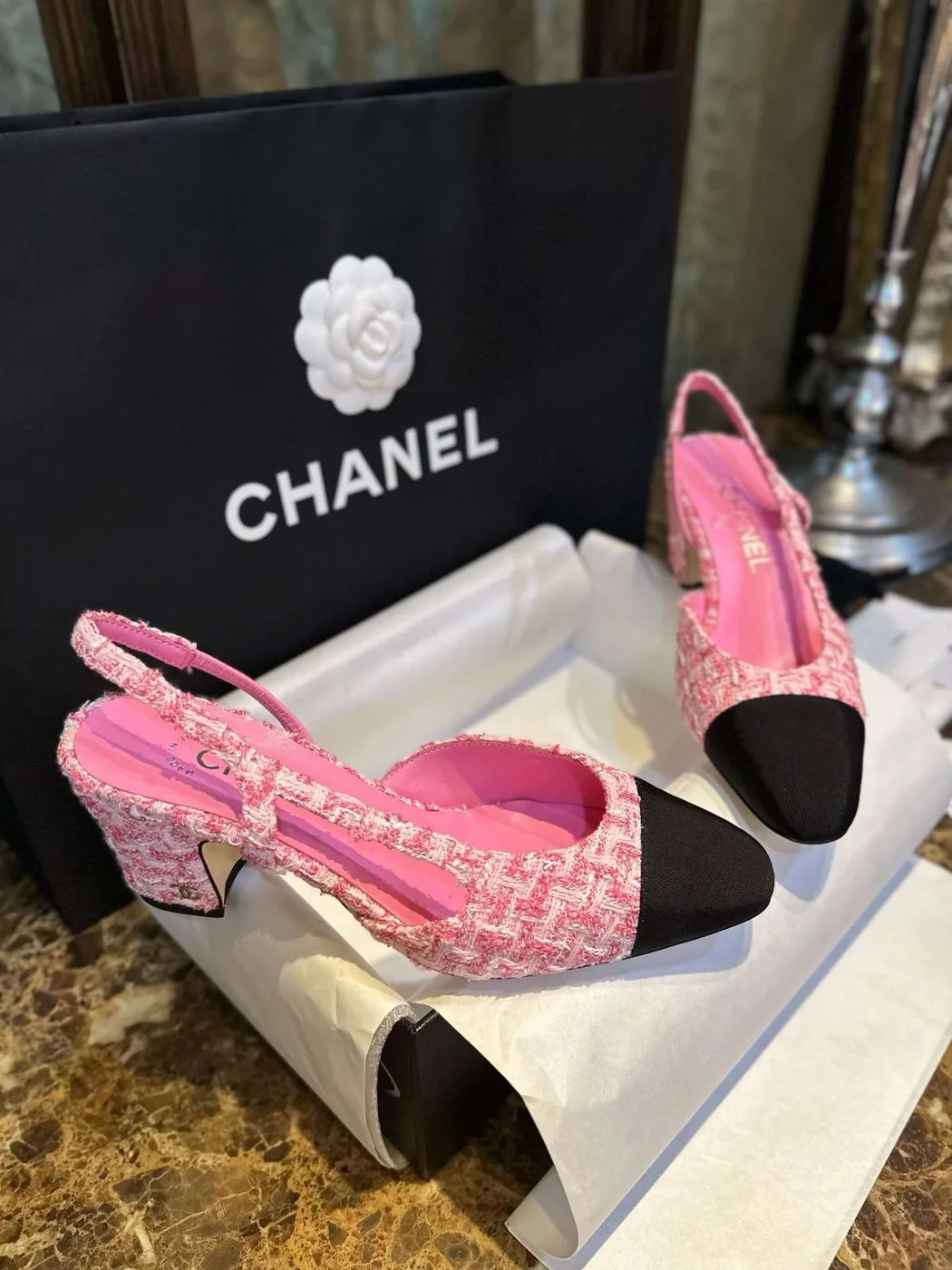 Chanel Woolen High Heel Slingback Sandals Pink - Image 5