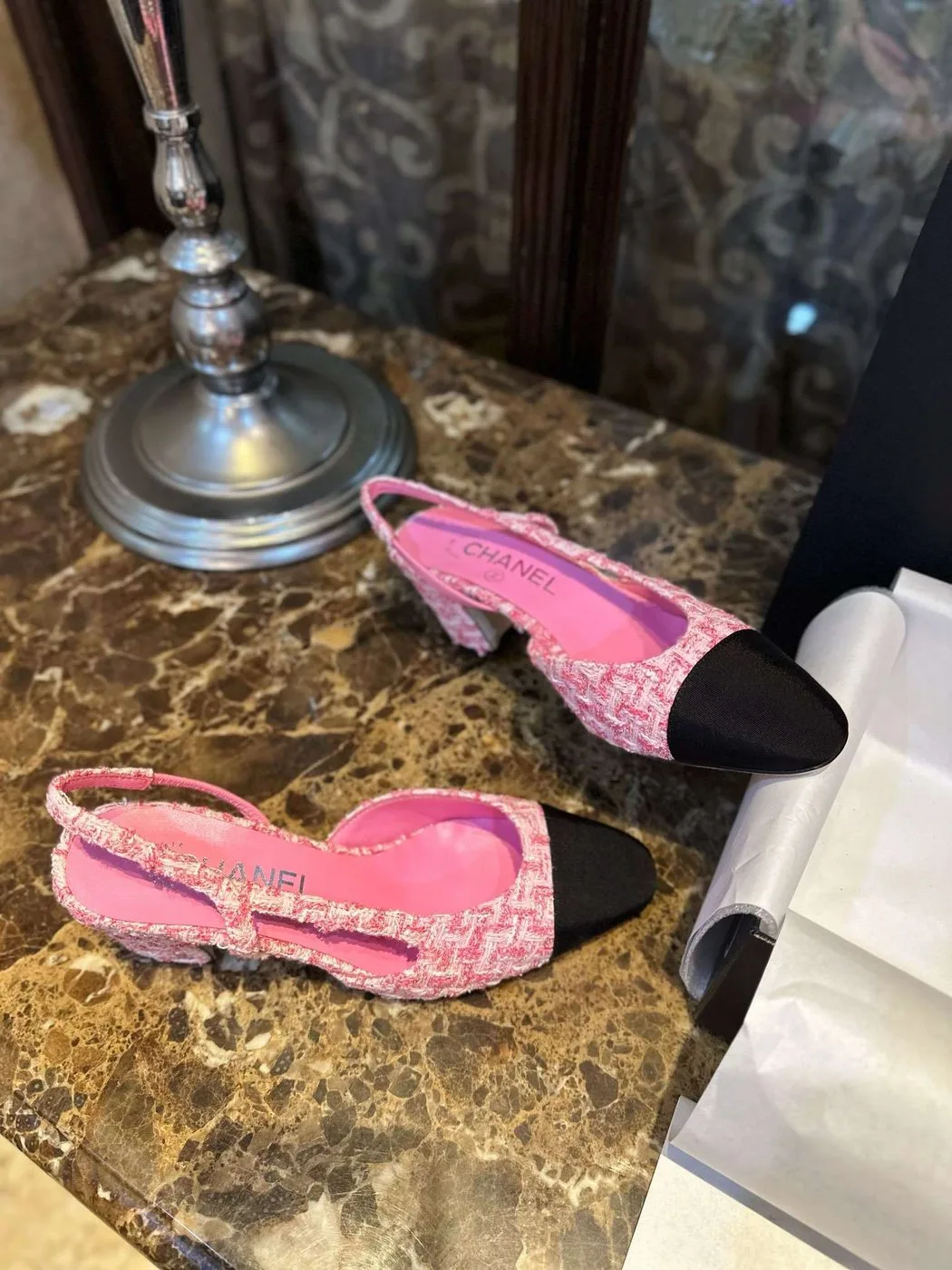 Chanel Woolen High Heel Slingback Sandals Pink - Image 4