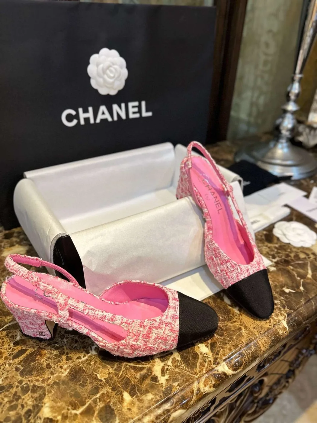 Chanel Woolen High Heel Slingback Sandals Pink - Image 3