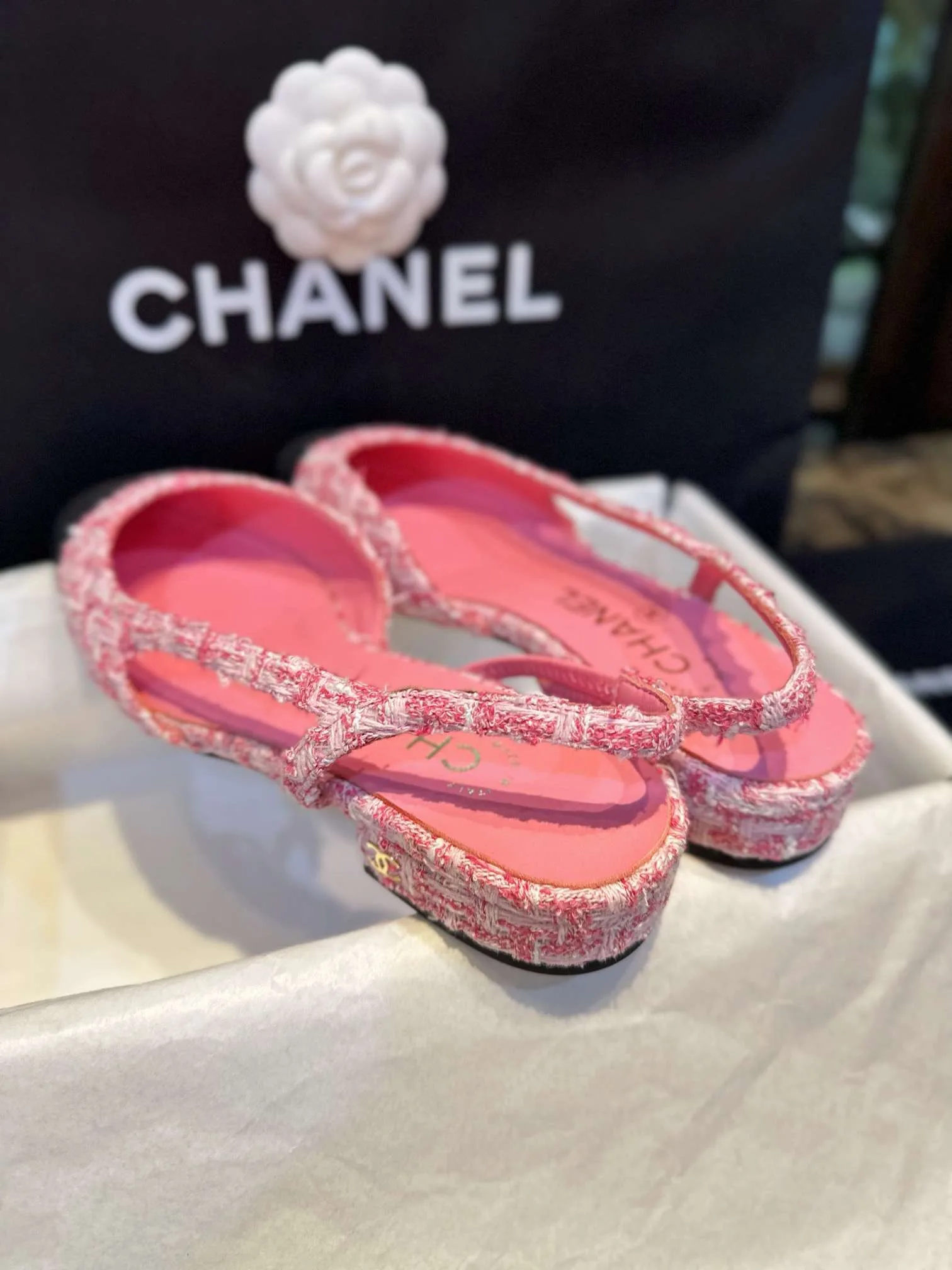 Chanel Woolen Lat Lace Up Sandals Pink - Image 4