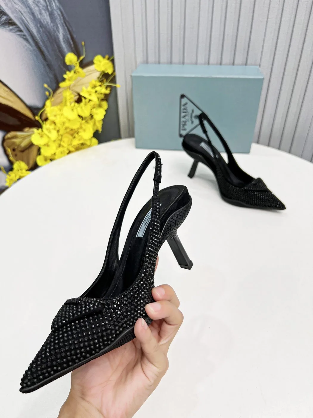 Prada Satin Slingback Pumps With Crystals Black / PRD - Image 5