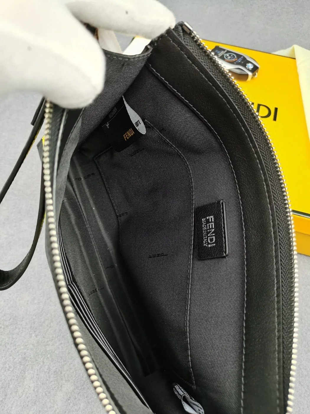 Fendi Flat Pouch Black Fabric Pouch Yellow Stripes / FF 7VA491A9XSF0R2A - Image 7